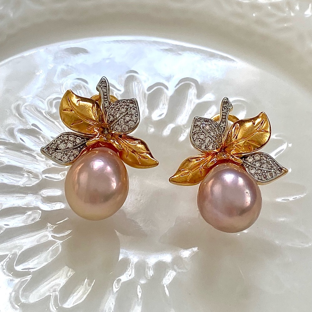 E63-Handmade Pink Edison Pesarl Two Tone Earring - Picture 6 of 9